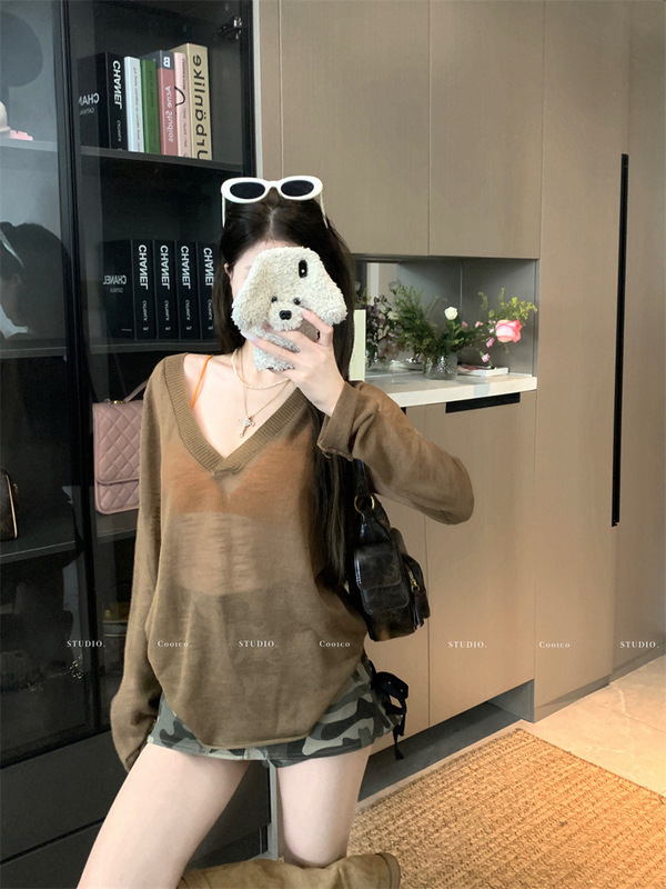 Thin See-Through V-Neck Knitwear for Women Spring and Summer Long-Sleeved Sun Protection Blouse Knitwear Retro Loose Slimming Look Casual Top