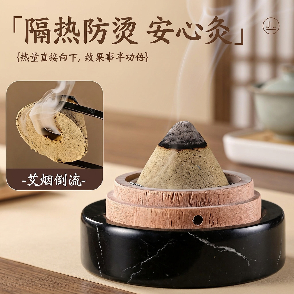 Moxa Cone Jade Heat Shield Set with Wooden Holder Indirect Moxibustion Tool for Navel and Body Points 20 Cones overview