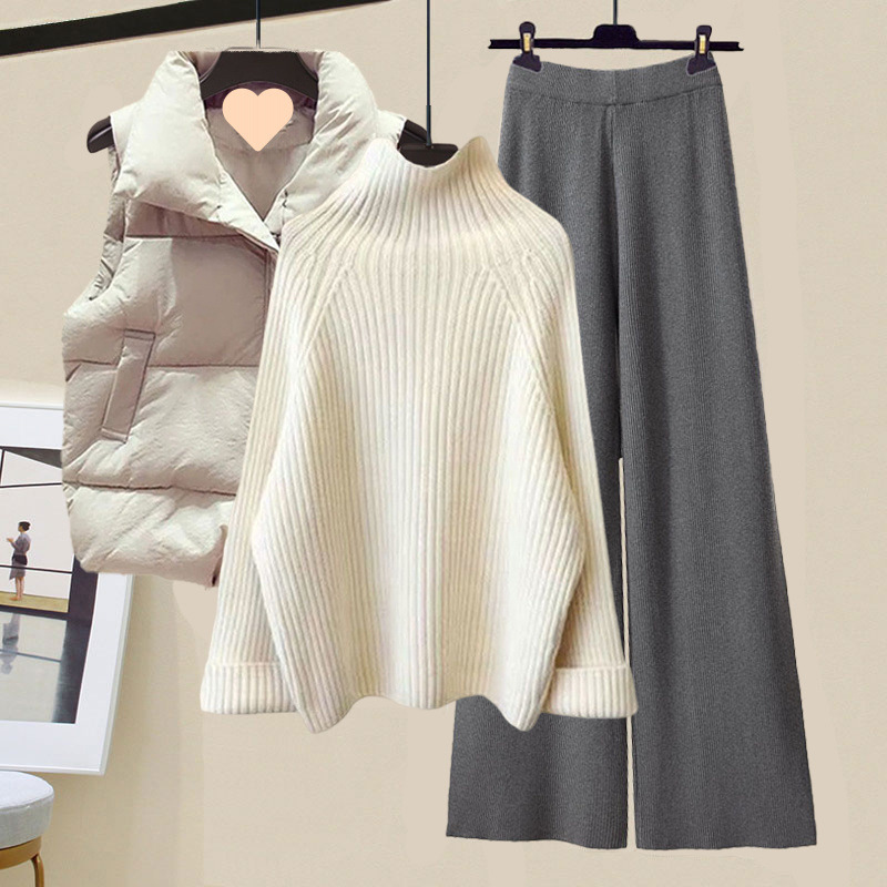 冬服、新しいスタイルの綿のベスト、タートルネックセーター、女性のスリムなワイドレッグパンツの3点セット|undefined