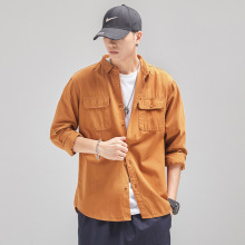 衬衫男士秋季新款宽松日系简约纯棉长袖衬衣纯色工装口袋上衣