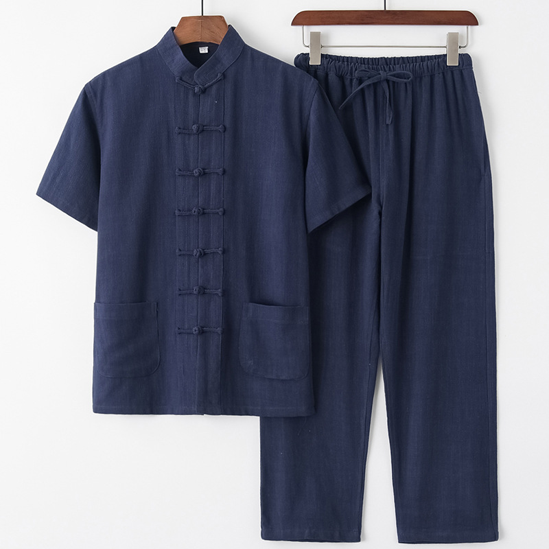 Men's Summer Tang Suit Thin Breathable Linen Short Sleeve Set Casual Dad Attire Style Retro With Frog Buttons_viptrois.com