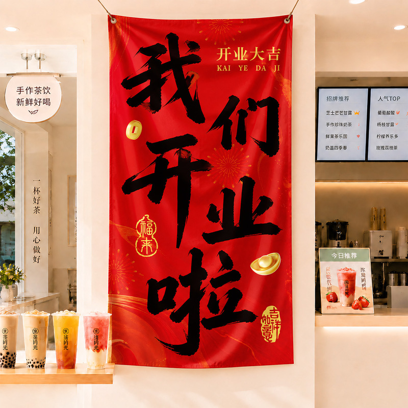 Grand Opening Decoration Hanging Tapestry, New Chinese Style Calligraphy Banner, Trendy Store Opening Decoration Hanging Flag, We Are Opening! Grand Opening Decoration Hanging Tapestry, New Chinese Style Calligraphy Banner, Trendy Store Opening Decoration Hanging Flag, We Are Opening!