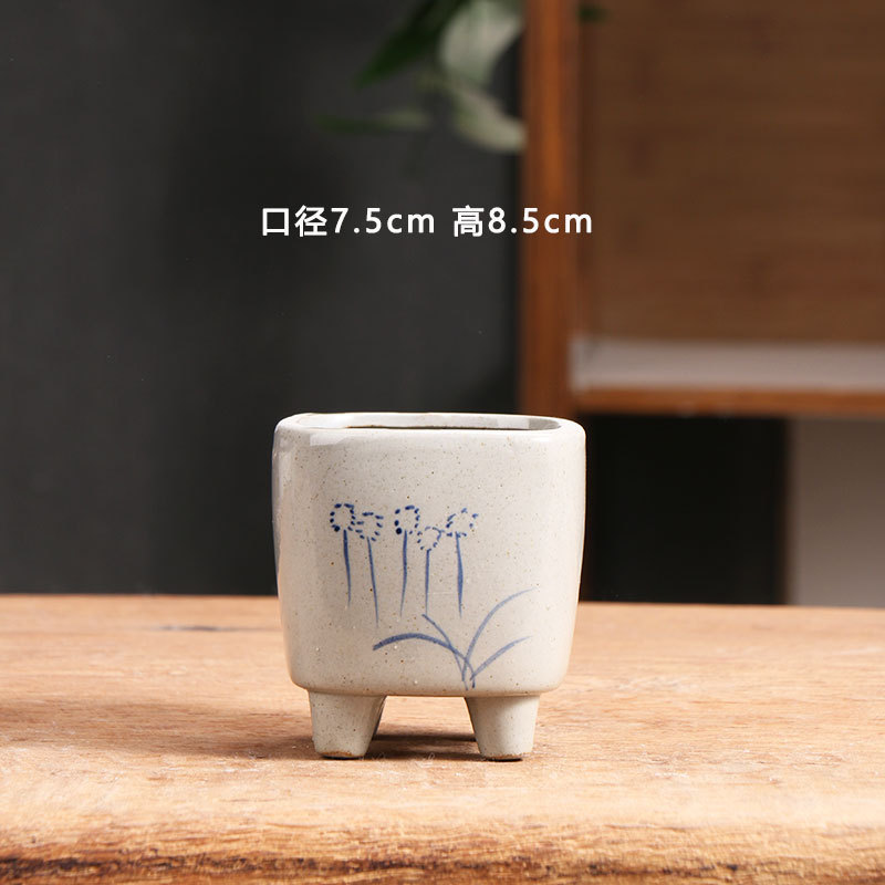 Maceta carnosa cuadrada azul y blanco, cerámica, arcilla doméstica simple, placa de flores de cerámica gruesa, maceta de cerámica pequeña, liquidación, venta al por mayor