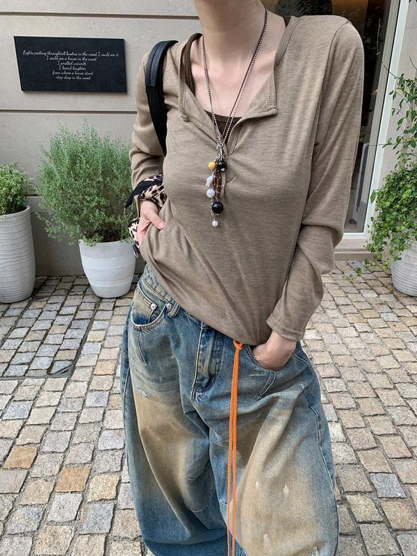 [9hour]美式POLO领长袖t恤女 2025秋季洋气百搭显瘦上衣女3726|undefined