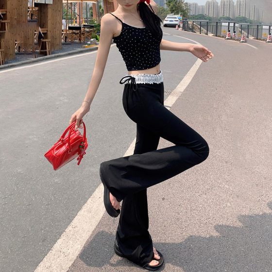 Orange Silk Women's# Spice Girl Lace Stitching Micro-Lam Casual Pants Women's Summer Slim-fit Elastic Slim Sports Yoga Pants