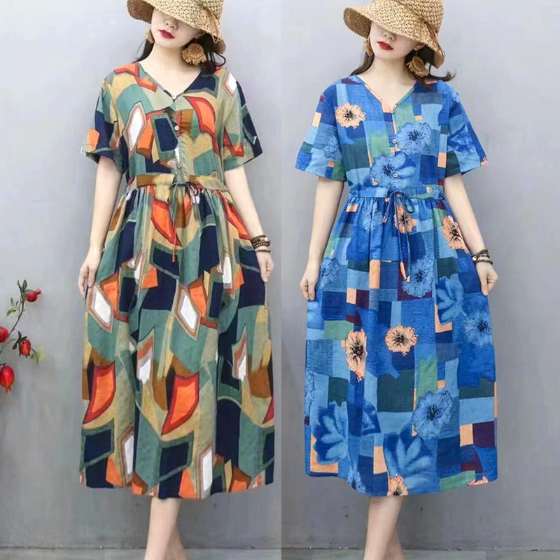 Women's Swing Dress Casual Vintage Style V Neck Printing Short Sleeve Printing Midi Dress Daily display picture 5