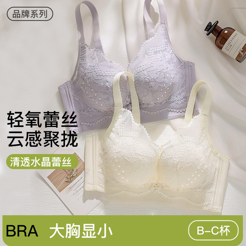 Lace Intimates for Women, Summer Thin, Big Breasts, Small Breasts, Adjustable Push-Up Anti-Sagging Bra Without Rims