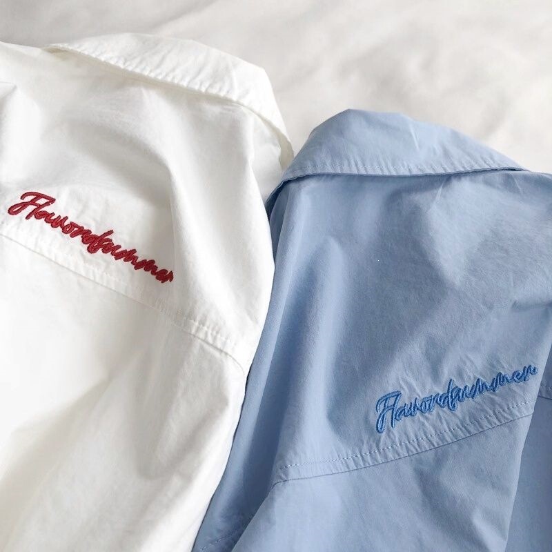 Luoyang's self-designed youthful party-style niche letter-embroidered shirt for women, spring and autumn version, petite-sized, stylish shirt for outerwear Luoyang's self-designed youthful party-style niche letter-embroidered shirt for women, spring and autumn version, petite-sized, stylish shirt for outerwear