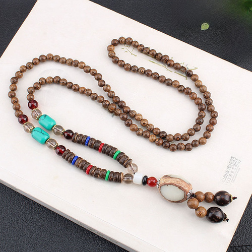 Factory-direct ethnic-style Bodhi sweater chain, scenic spot accessories, versatile cotton-linen & wooden bead necklace accessories—wholesale