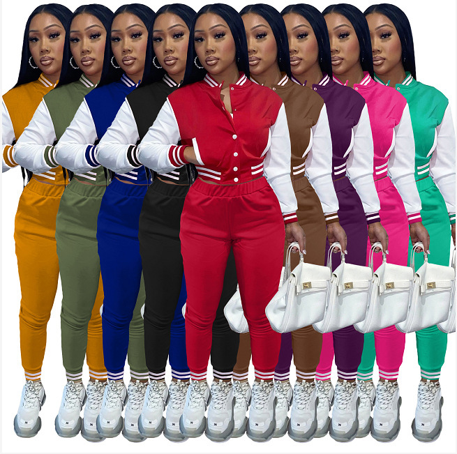 F176 European and American Style 2025 Color-Blocked Women's Jacket Suit Single-Breasted Patchwork Long-Sleeve Baseball Jacket Two-Piece Set for Women
