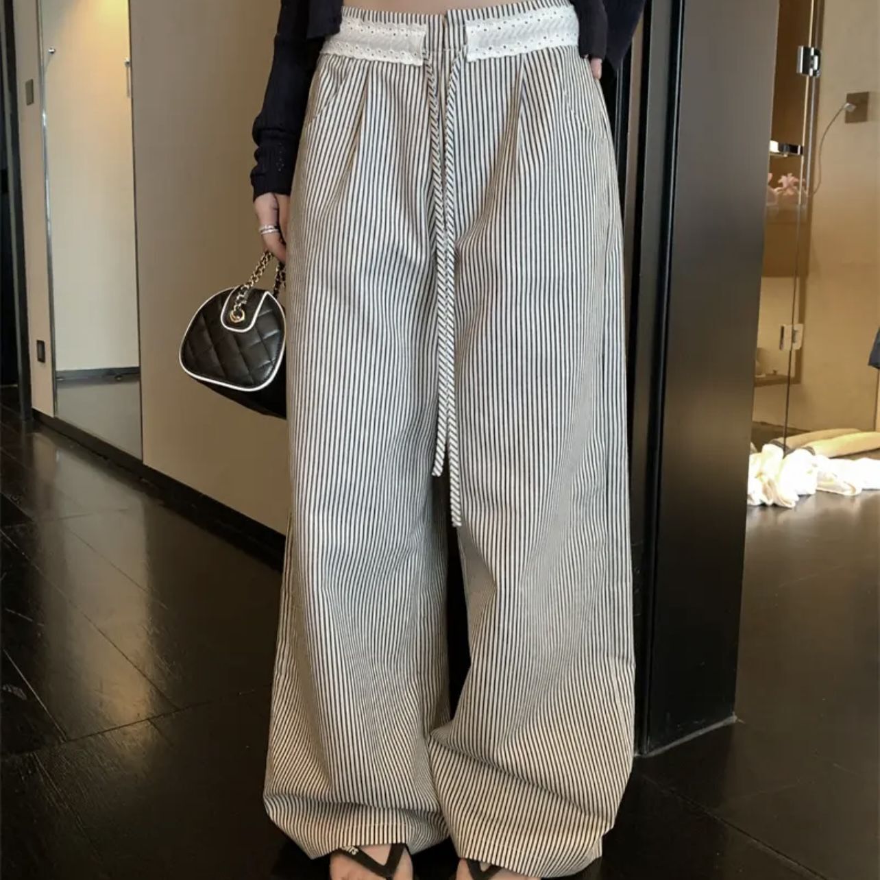 条纹裤女2026新款宽松春夏季高腰显瘦小个子拖地休闲直筒阔腿长裤