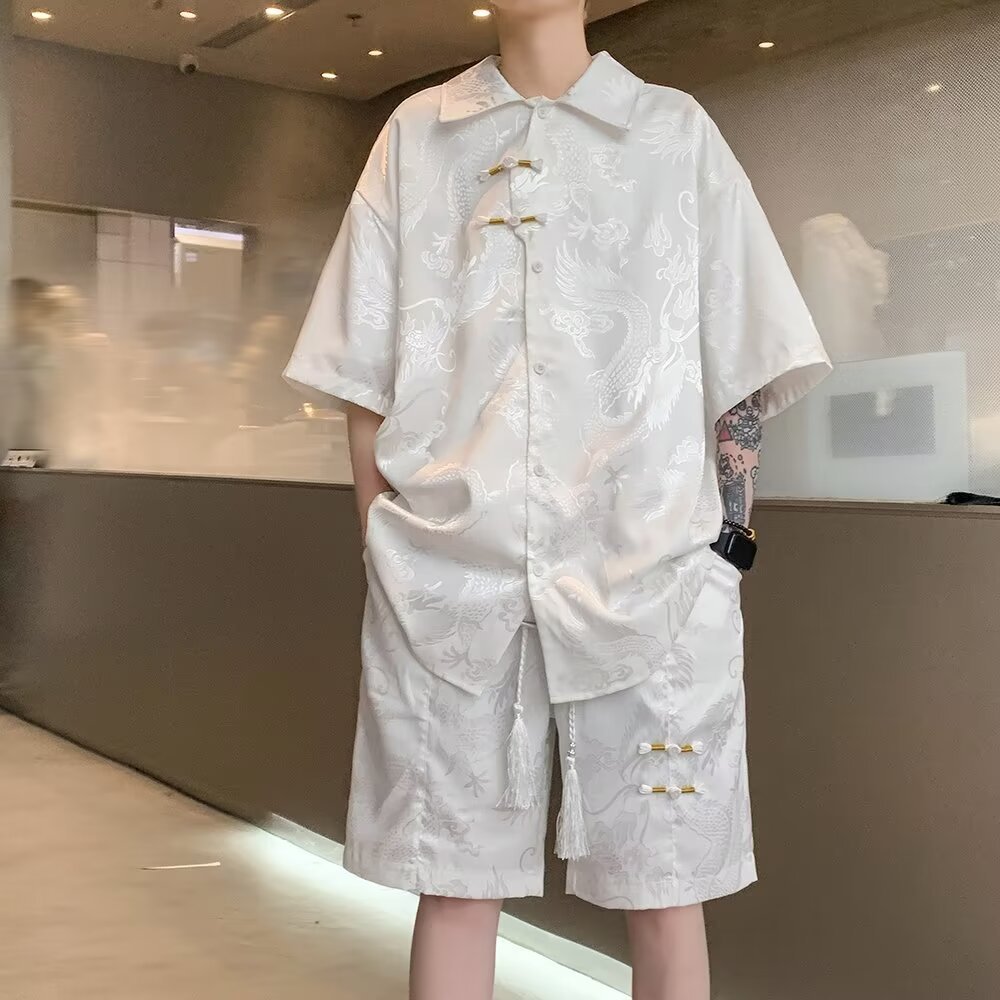 Origen Fabricante Nuevo estilo chino Pantalones cortos Camisa de dos piezas Hombre 2024 Verano suelto Nuevo diseño Sensación de nicho