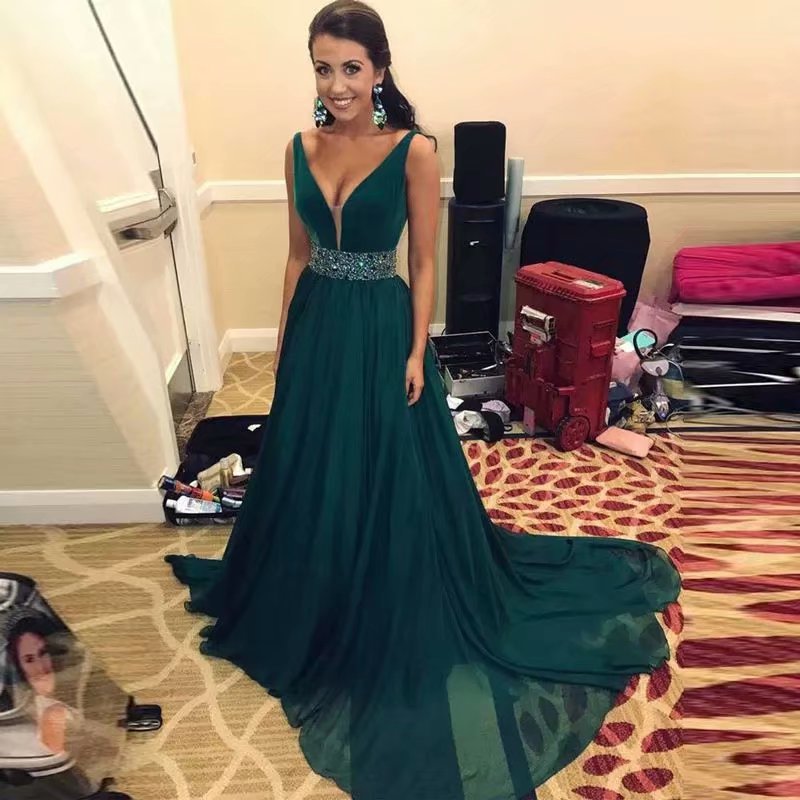 Europeo y americano Amazon AliExpress deseo vestido de noche de las mujeres gasa sin mangas cinturón con cuentas V-cuello adelgazante vestido de noche