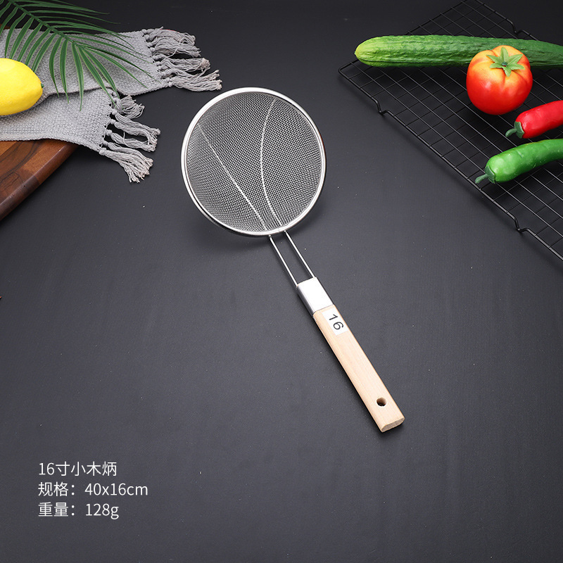Mango de madera de acero inoxidable gran filtro de malla larga filtro de malla comercial de alimentos fritos tamizado olla caliente para pescar fideos cucharada grande