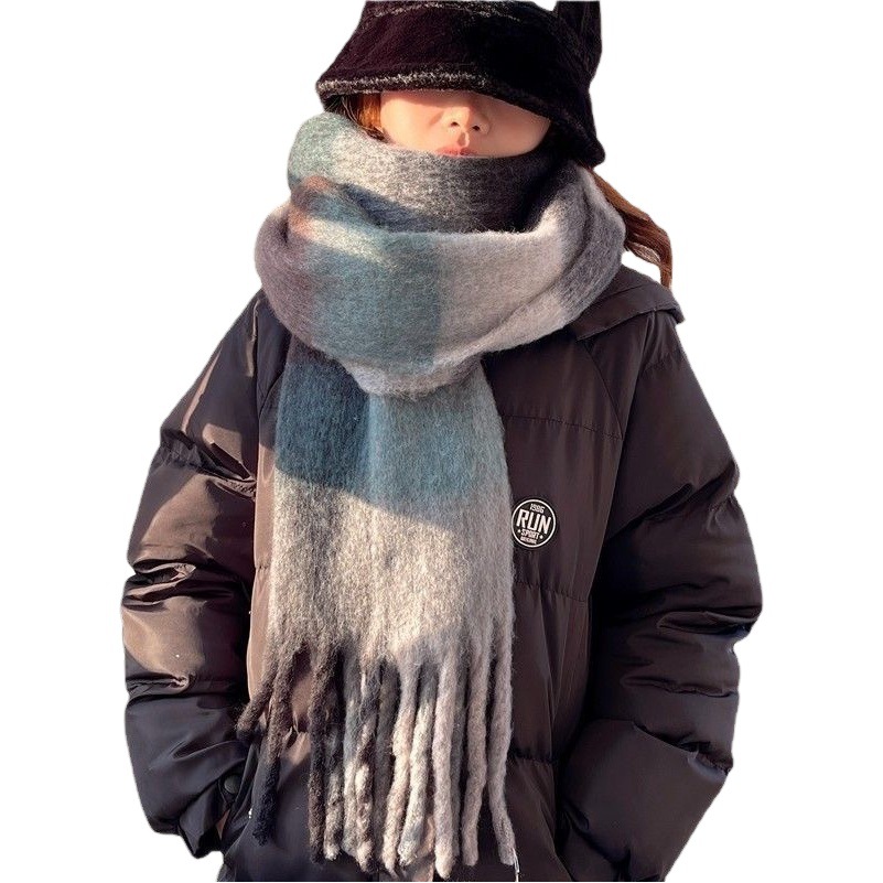 Plaid Tassel Scarf for Women, Autumn and Winter Rainbow Color-Blocking Imitation Cashmere Mohair Shawl, Thickened Neck Warmer, Trendy
