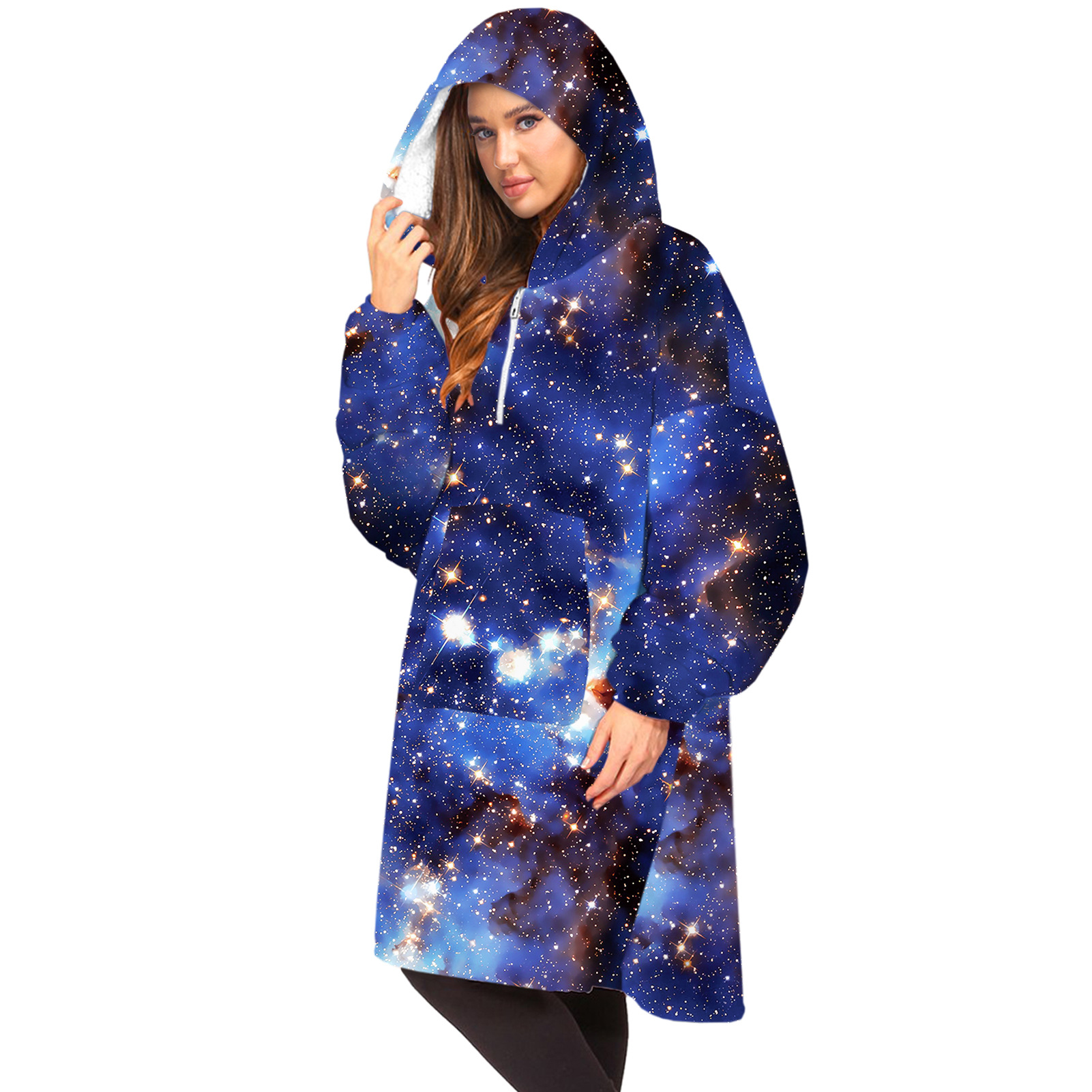 starry sky digital print silver fox fur zipper hooded blanket sweatershirt nihaostyles wholesale clothing NSMDF86115