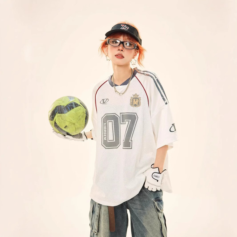 American Retro Sports Style Jersey Women's Summer College Style Mesh Rugby Short-sleeved T-shirt Loose Men's and Women's Top