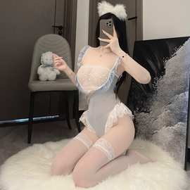 可爱甜妹连体衣网纱透视露臀纯欲风绑带诱惑吊带蕾丝拼接睡衣qqny