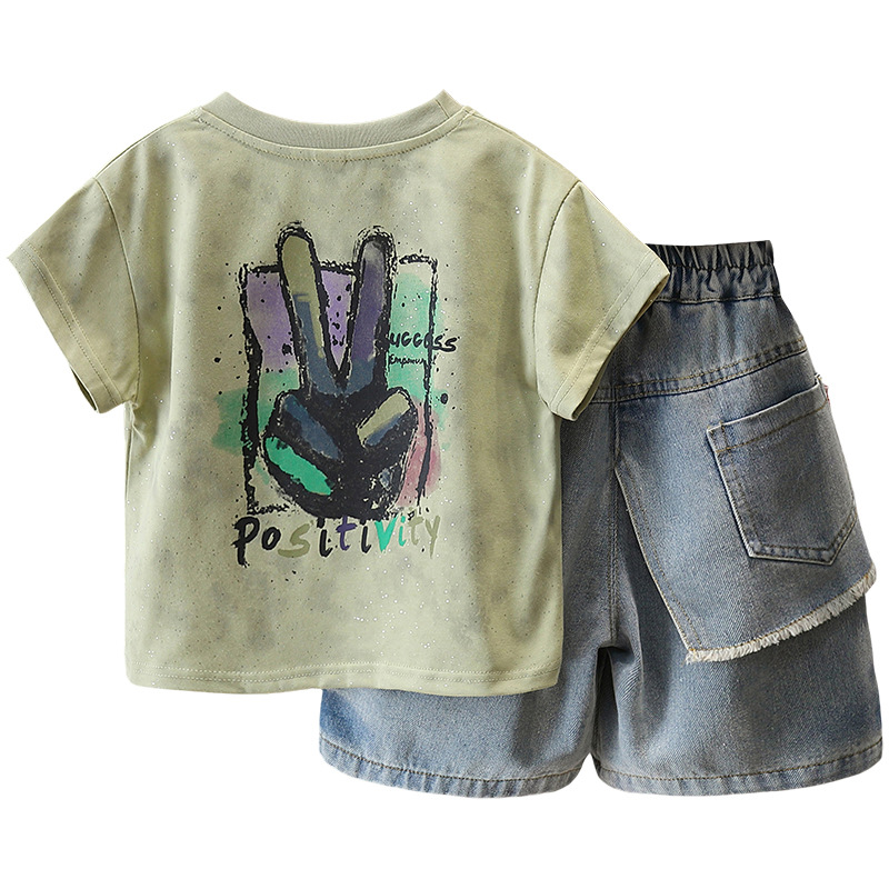 7280 traje de verano para niños 2025 nueva camiseta de manga corta con estampado fino de verano para niños de dos piezas de verano
