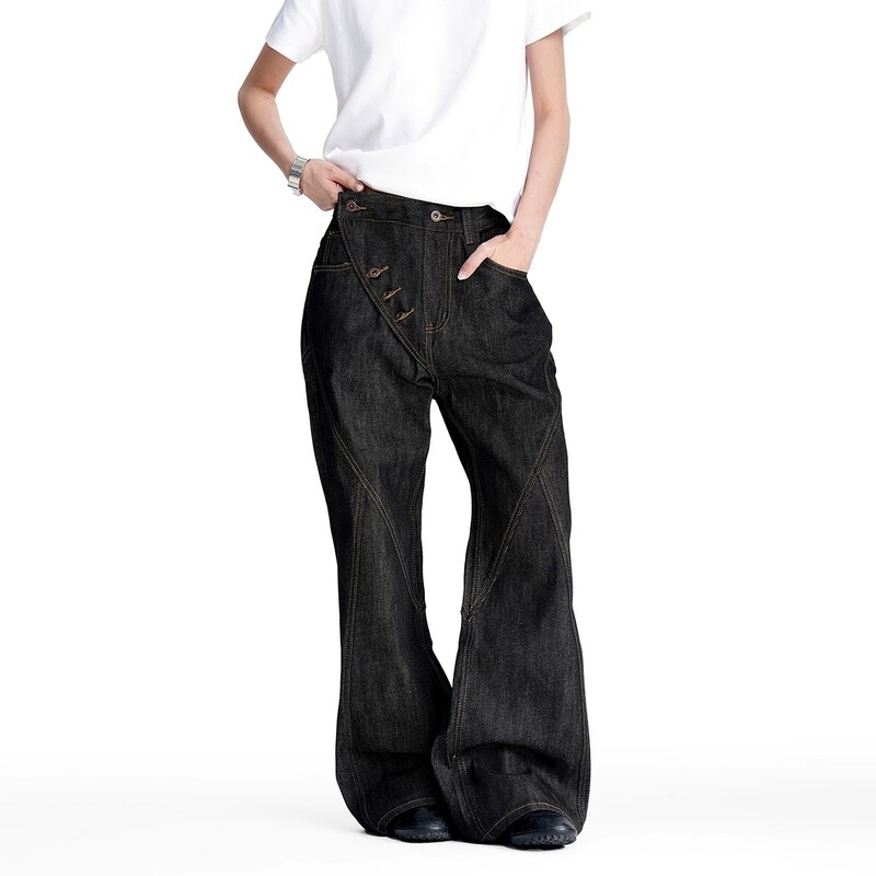Diagonal Button Placket Design, Deconstructed Jeans, New Design for Men and Women, Loose-Fitting American Retro Wide-Leg Pants