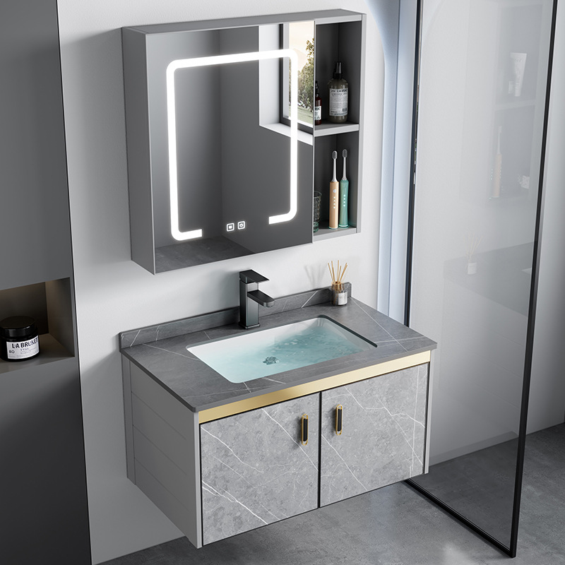 Luz de lujo espacio de aleación de aluminio baño combinación de gabinete de baño placa de roca lavabo integrado lavabo