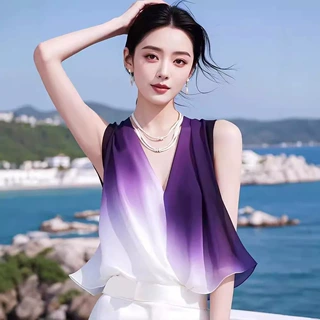 今年流行法式设计感渐变紫色雪纺衬衫女夏季洋气飘带无袖上衣衬衫