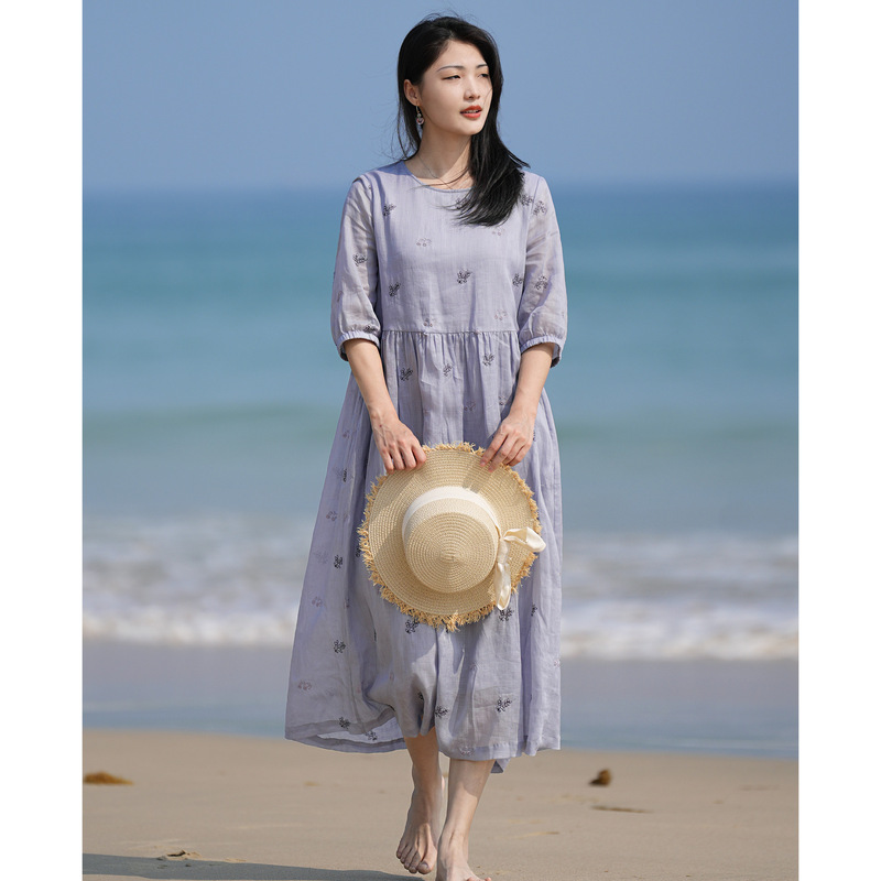 25-Year Summer Women's New Original Ramie Embroider Loose Literary Travel Large Swing Dress for Women One Piece Drop Shipping