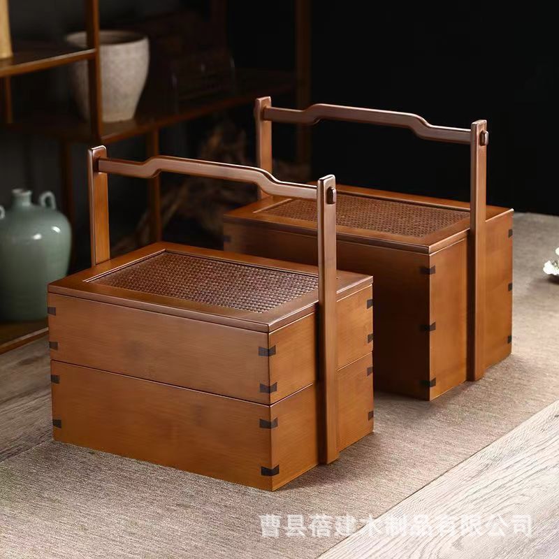 中秋月饼盒木质双层糕点点心礼品包装盒复古高级手提式干果提篮