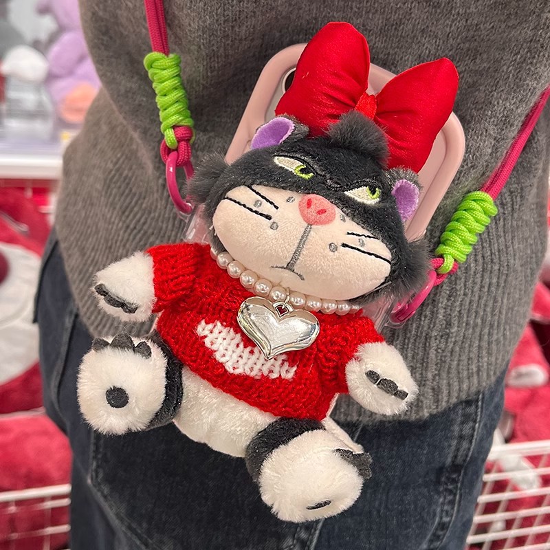 Teléfono móvil correa de cuerda ajustable desmontable encantador dibujos animados súper villanos felinos muñecas de peluche caja de teléfono móvil clip de espalda anti-perdida