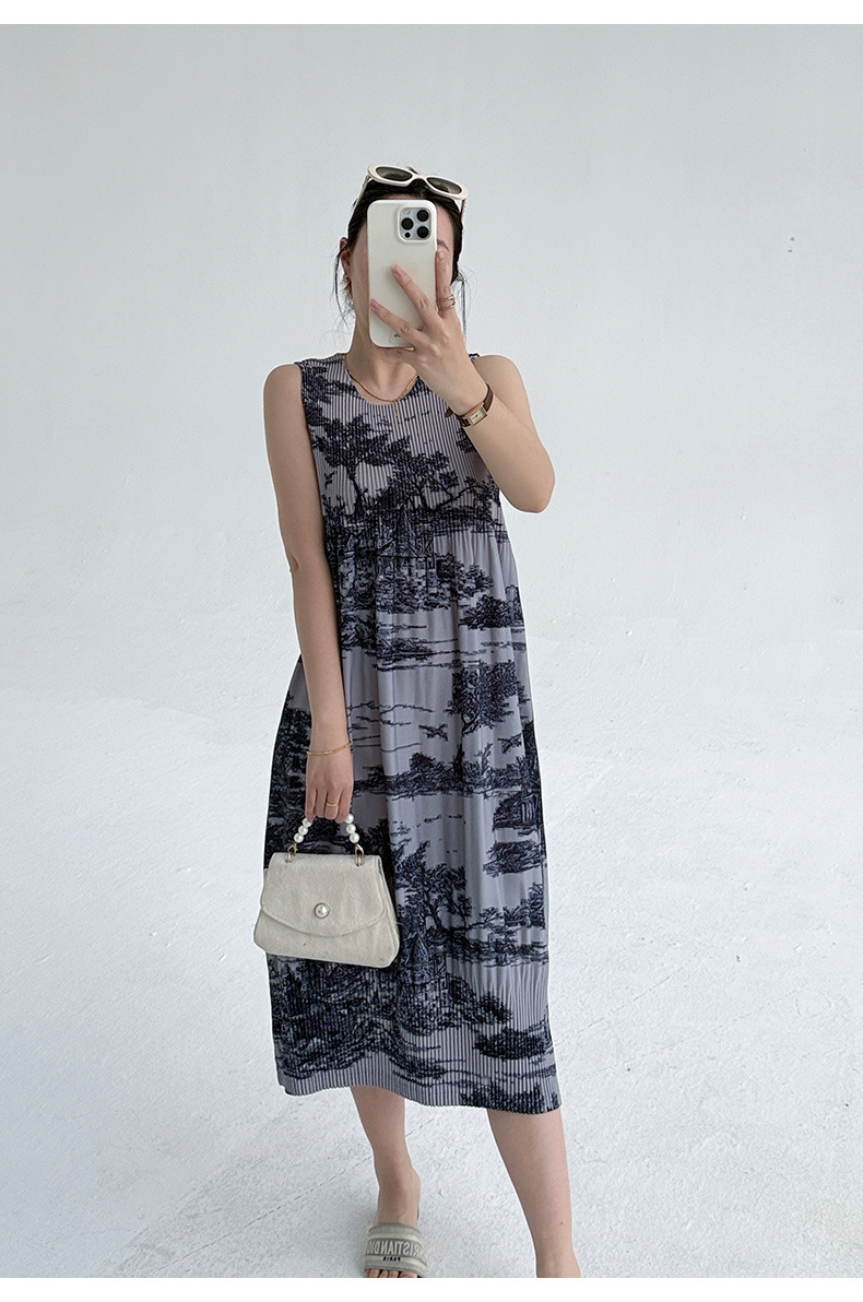 Váy maxi nữ in hoa sứ trắng xanh thắt eo phong cách Trung Quốc — Màu sâm panh chi tiết 20