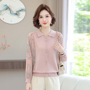 Mother's 2024 New Autumn Clothes Shirt with Shirt with Gauze Sleeve Knitted Western Style Shirt for Middle-aged and Elderly Women's Spring and Autumn Clothes Thin
