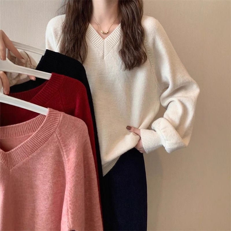 Korean Chic Spring and Autumn New Style Lazy Style V-Neck Pullover Loose Solid Color Puff Sleeve Knit Sweater for Women