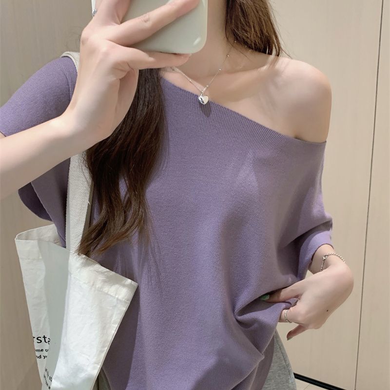 韓国の不規則な斜め肩バットスリーブニットTシャツ、女性用、新しい夏スタイルのレイジースタイルのゆったりとしたスリムなトップ|undefined