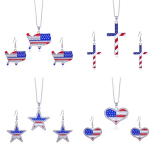 American Independence Day Map Pentagram Love Cross National Flag Diamond Alloy Pendant Earrings Necklace Set