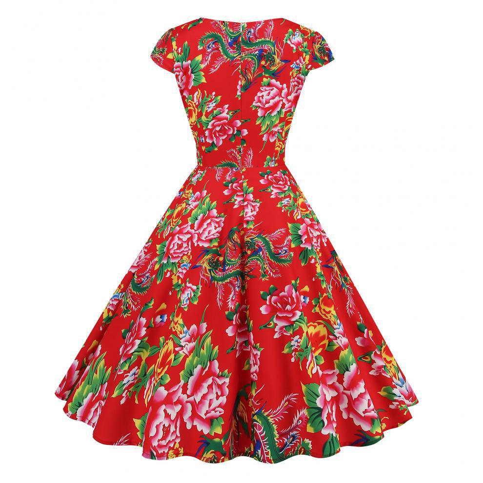 Robe amincissante à imprimé floral rétro et col en V pour femme – Robe d'été élégante mi-longue à manches courtes_voghion.com