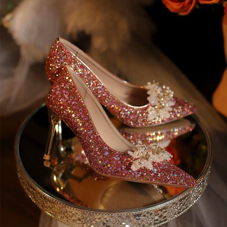 Wedding shoes, red high-heeled shoes for bride, french style, Chinese style
