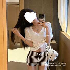 辣妹居家条纹高腰抽绳休闲2026夏季新款可外穿显瘦运动热裤短裤女