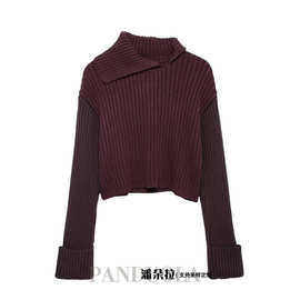 跨境欧美女装 2024秋冬季新款罗纹短款斜领套头针织衫6771138