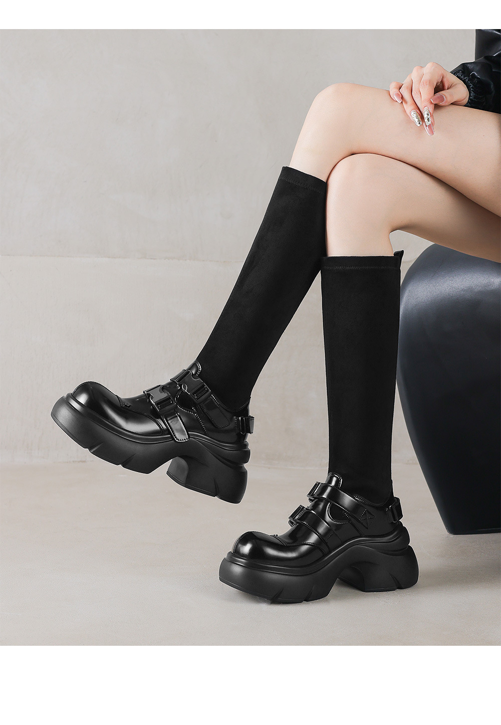 Boot ngắn nữ đế dày phong cách Anh khóa thắt lưng, form ôm chân co giãn — Lớp lót đơn ống dài màu đen, Lớp lót đơn ống ngắn màu đen, Lớp lót nhung dài màu đen, Lớp lót nhung ngắn màu đen chi tiết 12