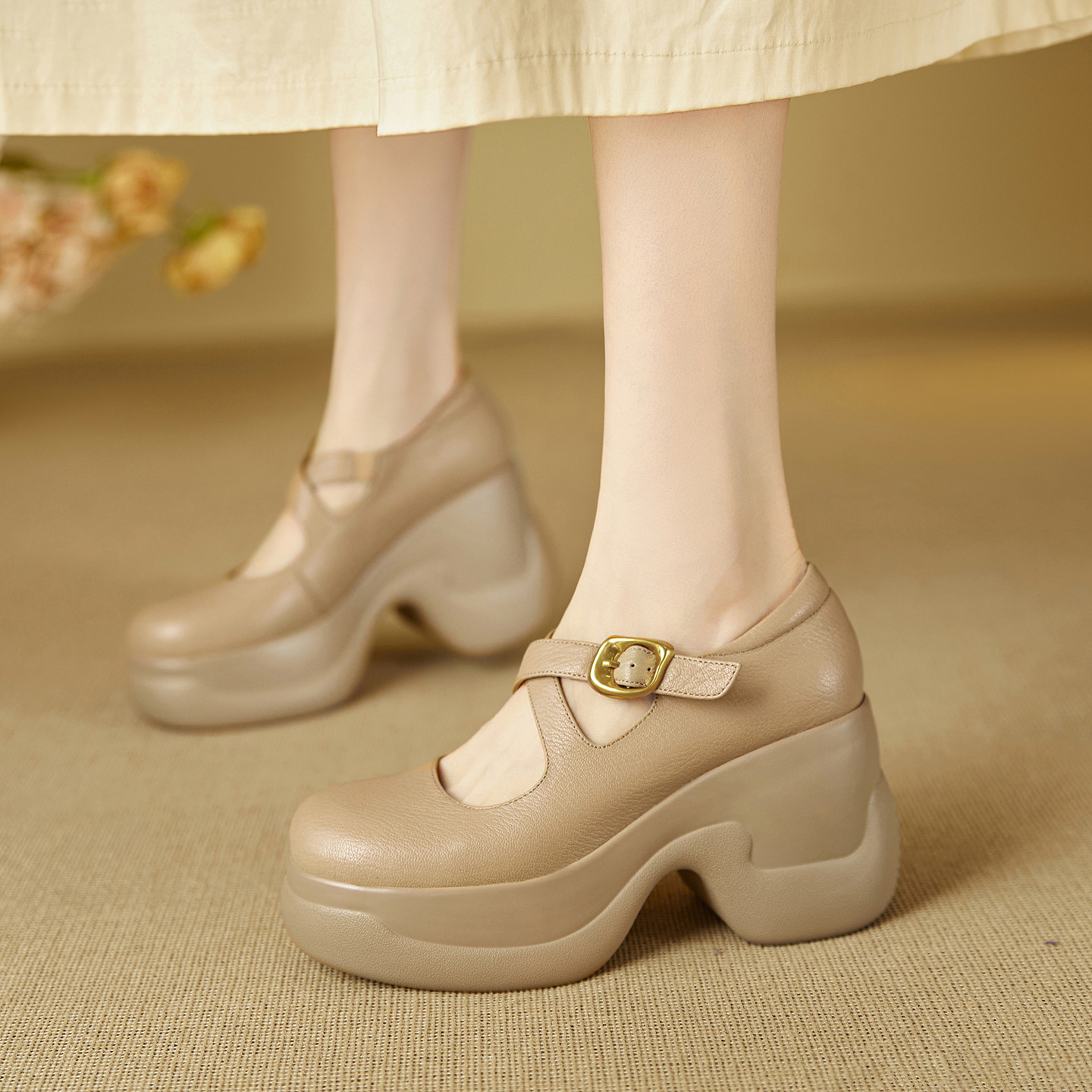 Giày cao gót Mary Jane nữ mũi tròn da cừu khóa chéo gót 9 cm — đen