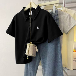Polo Collar Short-Sleeved T-Shirts for Boys and Girls, Summer Chic Shirts for Middle and Large Kidsren, Preppy Style Cartoon Lapel Tops Wholesale