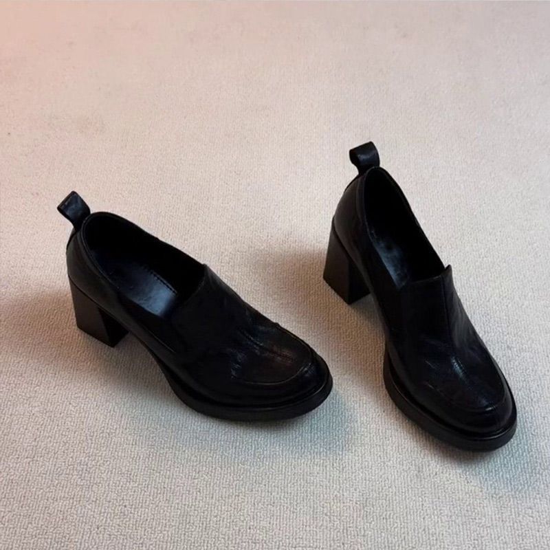 Women's 5CM height-increasing silent-soled soft leather high-heeled loafers, women's chunky-heeled small leather shoes, women's round-toe flats, suitable for commuting