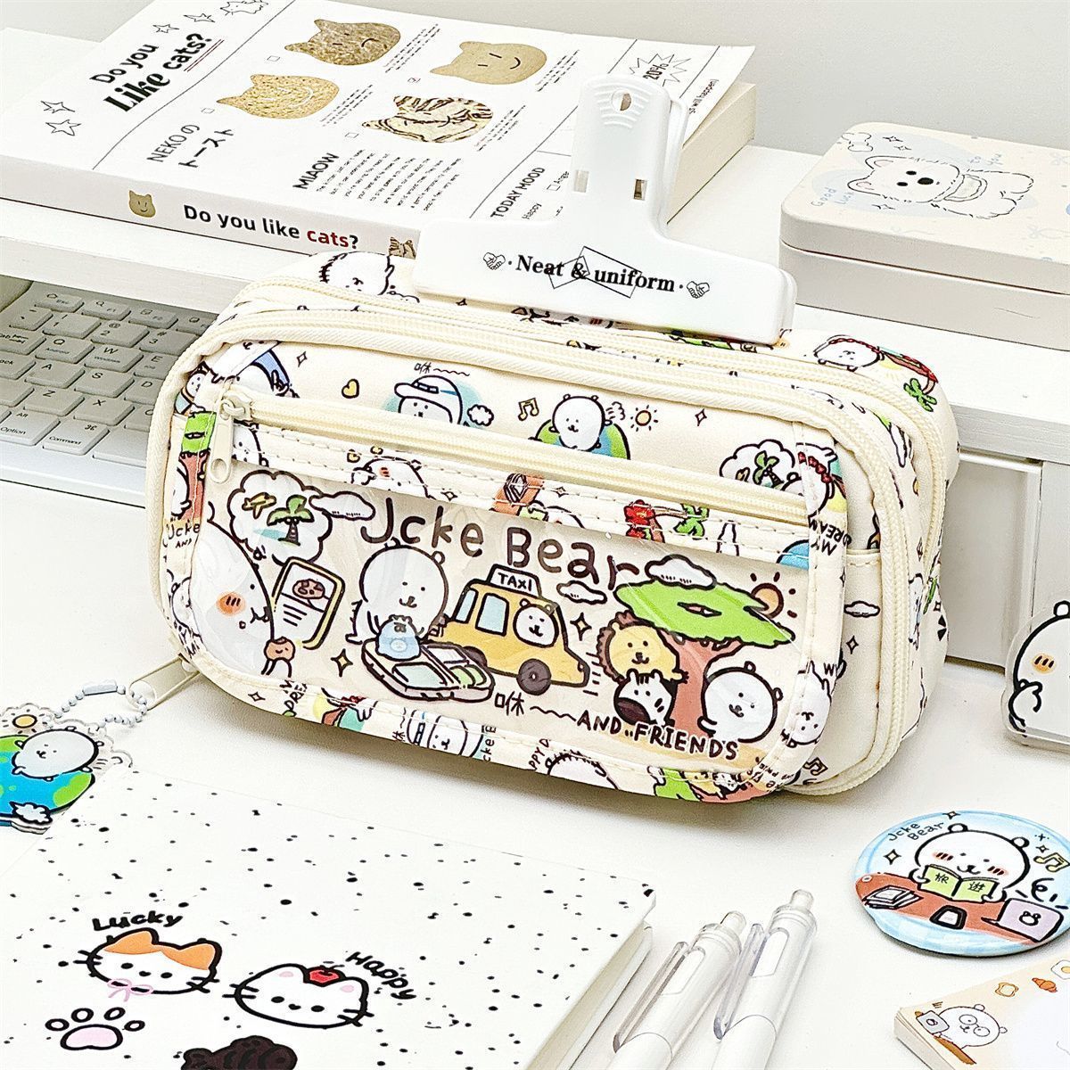 Pencil Case Ins Xiaohongshu Same Style Self-Deprecating Bear Pain Bag Student High-Value Multi-Layer Large Capacity Zipper Stationery Bag Flip