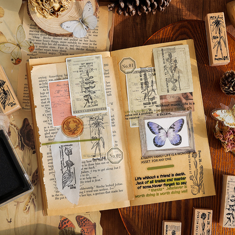 Flor roce, haya, exquisito sello temático de planta retro, libro de bricolaje, material del diario, sello decorativo