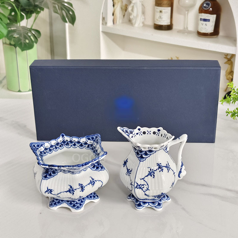 New Chinese-style blue and white porcelain, openwork bone china milk jug and sugar jar set, afternoon tea set, housewarming gift, factory wholesale