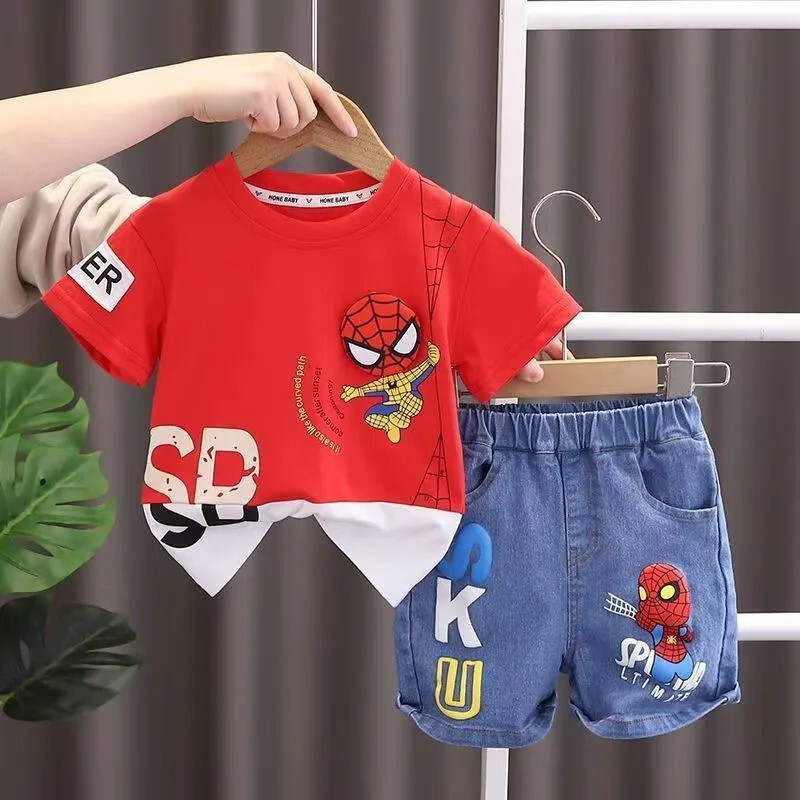 Boys Summer Clothes 2024 New Style Short-Sleeved Two-Piece Set Baby Kidsren's Spider-Man Jeans Suit Trendy Clothes