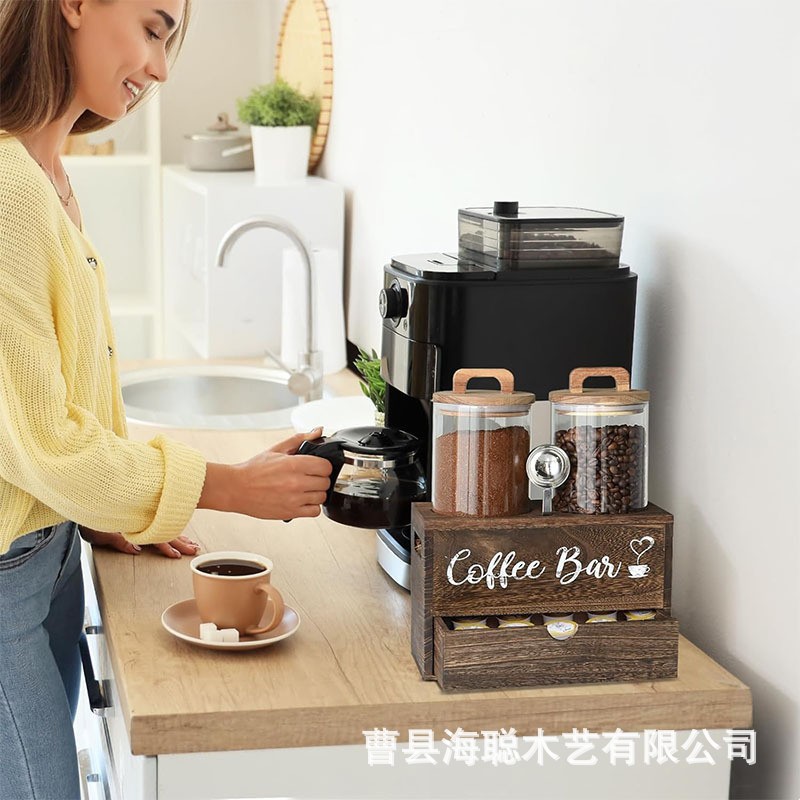 跨境实木咖啡茶包收纳盒桌面咖啡瓶收纳架多用途木质咖啡豆整理盒
