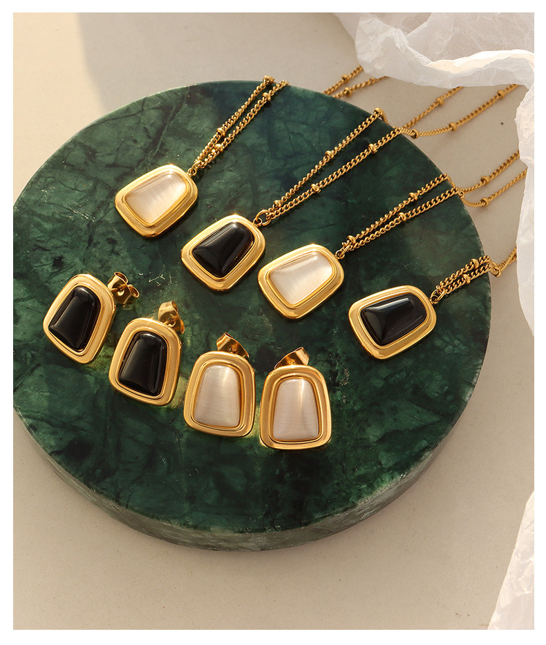 Womenu0027S Fashion Geometric Titanium Steel Earrings Necklace Inlay Opal Jewelry Sets