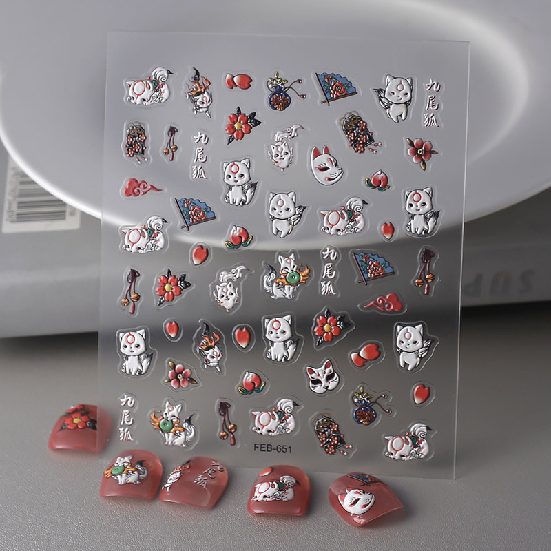 Fairy character peach forest Phoenix nine fox fairy nail stickers relief 5D cute young white fox nail decals self-adhesive Fairy character peach forest Phoenix nine fox fairy nail stickers relief 5D cute young white fox nail decals self-adhesive