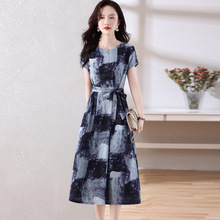 棉麻连衣裙女长款2025夏季新款短袖时尚印花收腰显瘦气质裙子夏季